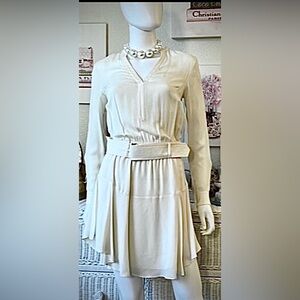 A.L.C. 100% Silk Dress Ruched - Long Sleeves - Waist Belt in Cream color size 0